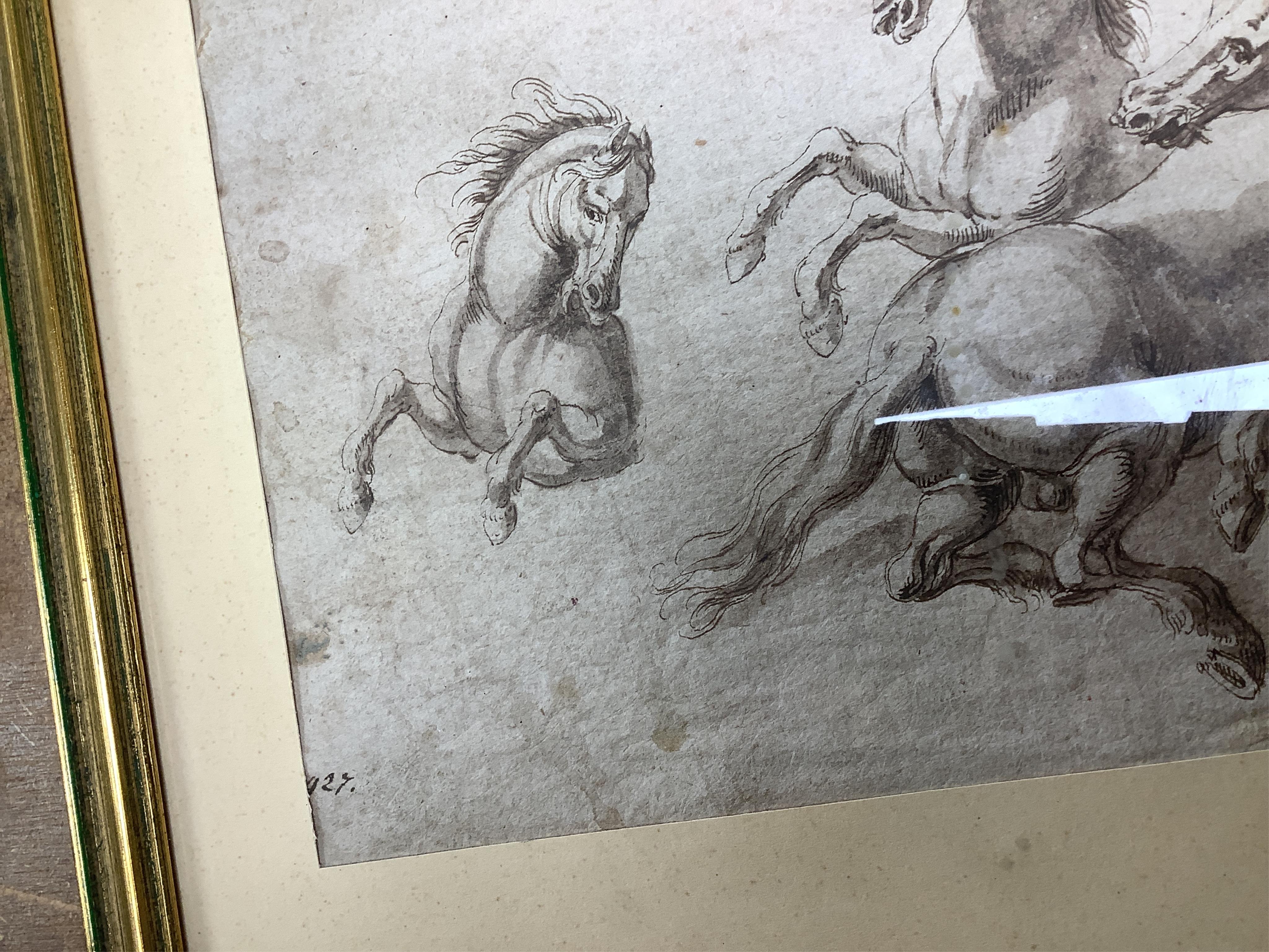 Late 17th century Old Master, ink and wash on buff paper, Studies of horses, partial inscription lower left obscured by the mount, 16 x 25cm. Condition - fair